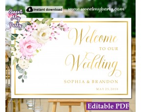 Cream pink welcome sign template,Ivory pink wedding welcome sign template, (135a)